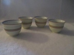4 Piece Set of Japanese Sake Cups Off White Brown, Blue, Orange and Yellow EUC