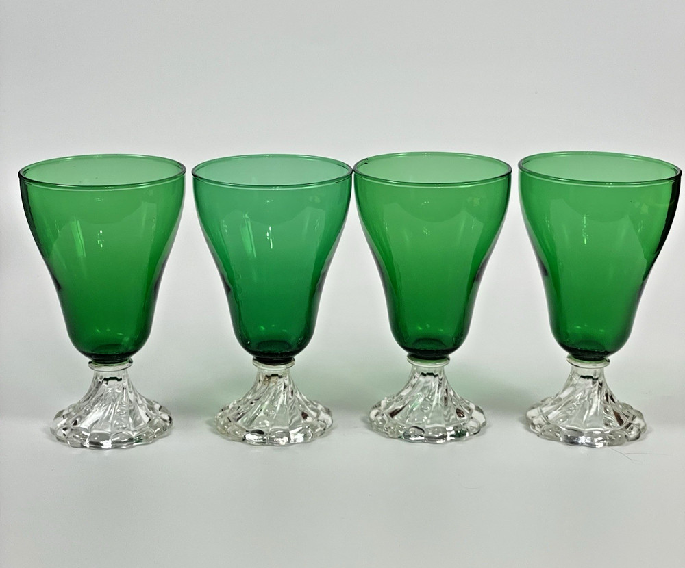 Vintage Emerald Green Goblets Set of 4 Clear Footed Stemware Wine Glasses