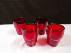 Set of 4 Ruby Red Glass Whiskey Glasses w/ Ribbed Design
