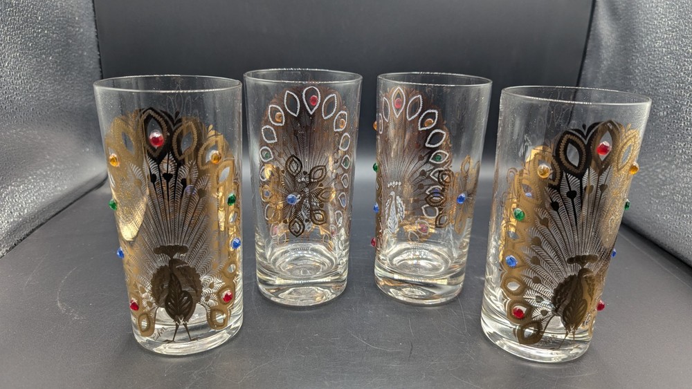 Culver -4- Vgt- 22K Gold MCM Peacock Jeweled High Ball Glasses-Signed-