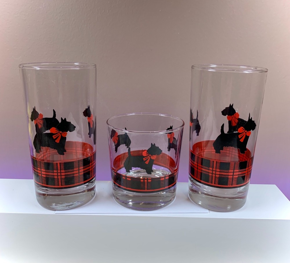 3 Vintage Fitz Scottie Dog Red Plaid Drinking Glasses 2 Tall 1 Short