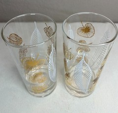 Set of 7 Vintage Mid Century Modern White & Gold Leaf Highball Glasses Tumblers
