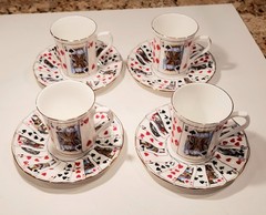 4 Queen’s China Staffordshire Cut for Coffee Playing Cards Cup & Saucer Set MINT