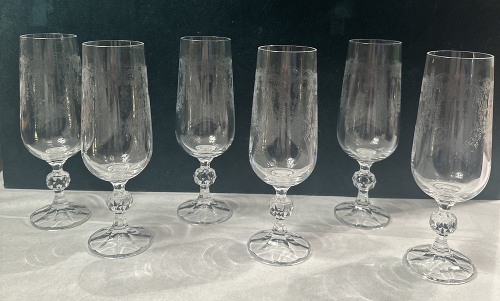 Vintage Bohemia set of 6 CASCADE Etched Crystal Fluted Champagne Glasses 6-3/4”H