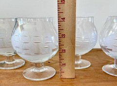 VTG Toscany 70s Crystal Brandy Snifters Frosted Etched Clipper Ship SET OF 4