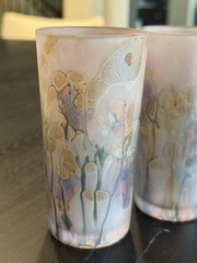 Studio Art Glass Tumbler Blush Pink Purple Gold Abstract Floral Frosted Set of 4