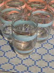 Vintage 13 Piece 3″ Glass Set Gold Green Pink Blue Stripes Clear Lowball Glass