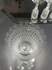 (4) Champagne Glasses 7″ Flutes Antique Crystal needle etched Bubble stem c.1900