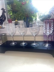 4 MIKASA CHEERS STEM GOBLETS ETCHED HORIZONTAL ,VERTICAL,DOTS,SWIRLS 9”T