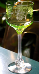 Antique NEEDLE ETCHED GREEN URANIUM GLASS Wine Goblet Clear Bubble In Stem c1900