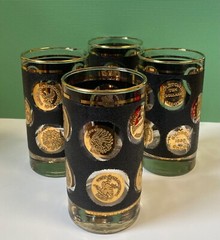 Vintage 1970’s Gold Coin Black Glass MCM Libbey SET OF 4 High Ball Tumblers 10oz