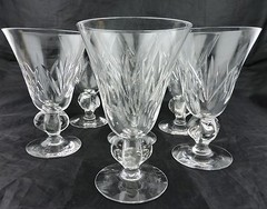 VINTAGE CUT GLASS OR CRYSTAL WATER WINE SET 7 FAN THUMBPRINT PATTERN CHUNKY STEM