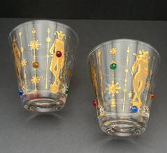 Rare Size Culver Mardi Gras Jeweled Jester Glasses, 1960 Set 2 Mid Century 2.75″