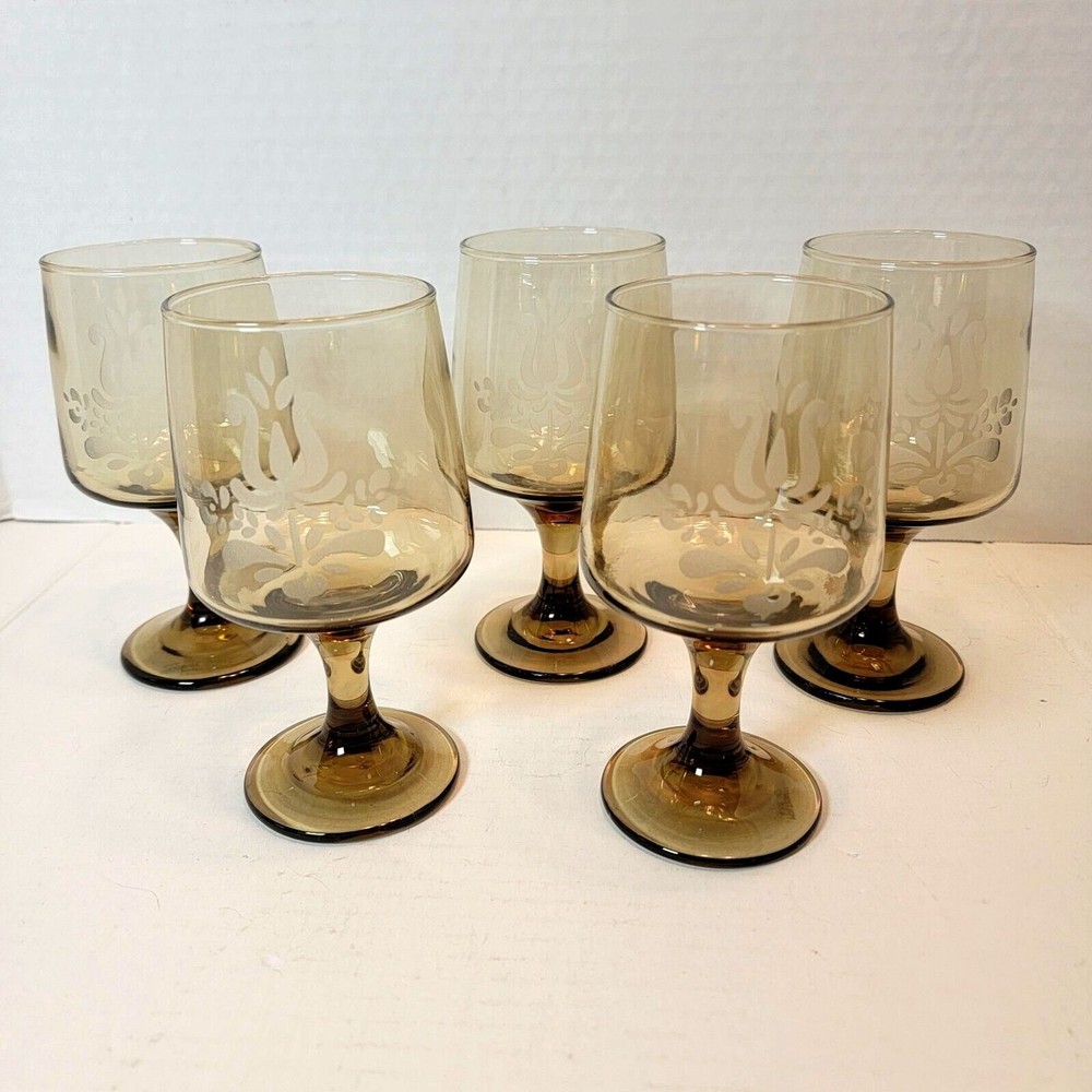 Vintage Pfaltzgraff Amber Etched Stem Glasses – 6 Oz. – Set Of 5