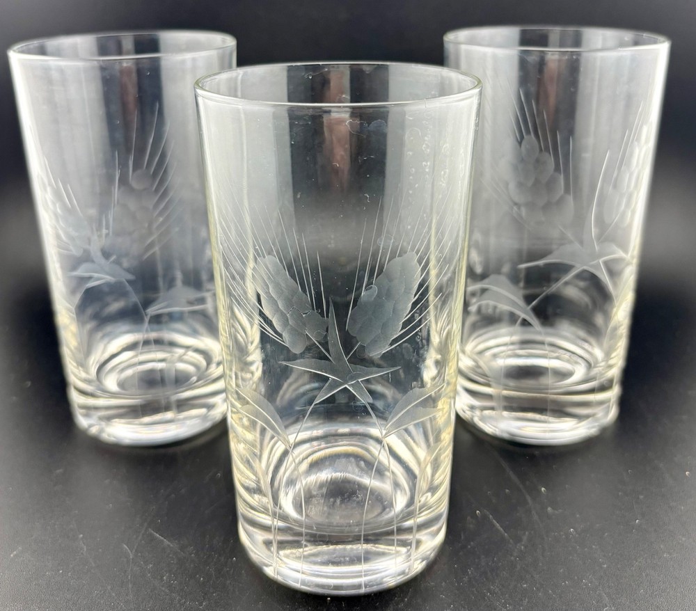 Set Of 3 Vintage Etched Wheat Pattern Highball Glasses
