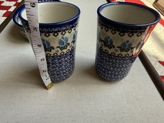 Unmarked Hand Painted Polish Pottery Ceramic Tumbler Cups Set of 2 Blue