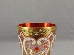 Antique Harrach Bohemian Enamel Floral Hearts Gold Cranberry Clear Wine Glass A