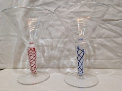 Vintage MCM Handblown Colorful Murano-ish Ribbon Swirly Stem Martini Glasses X2!