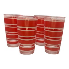 Hazel Atlas Red & White Striped Glass Tumblers -5 «Candy Stripe» 1950-1960’s