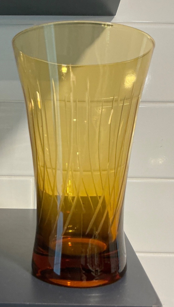 Vintage Amber Flared Etched Glass 6″ Thick Base