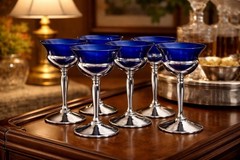 6 Farber Bros Krome Kraft Cobalt Blue Art Deco Glasses 6” Vintage OFFERS WELCOME