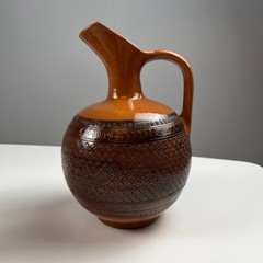 Vintage Savvas Cyprus pottery wine decanter pitcher, 6 glasses terracotta brown