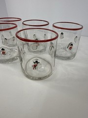 Hand Blown Glass Snowman Tumblers Red Rim Rocks Glasses Art Glass Set of 6