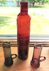 Vintage Hand Blown Glass Bottle & Two Tall Shot Tea Glasses Handles Rare Unusual