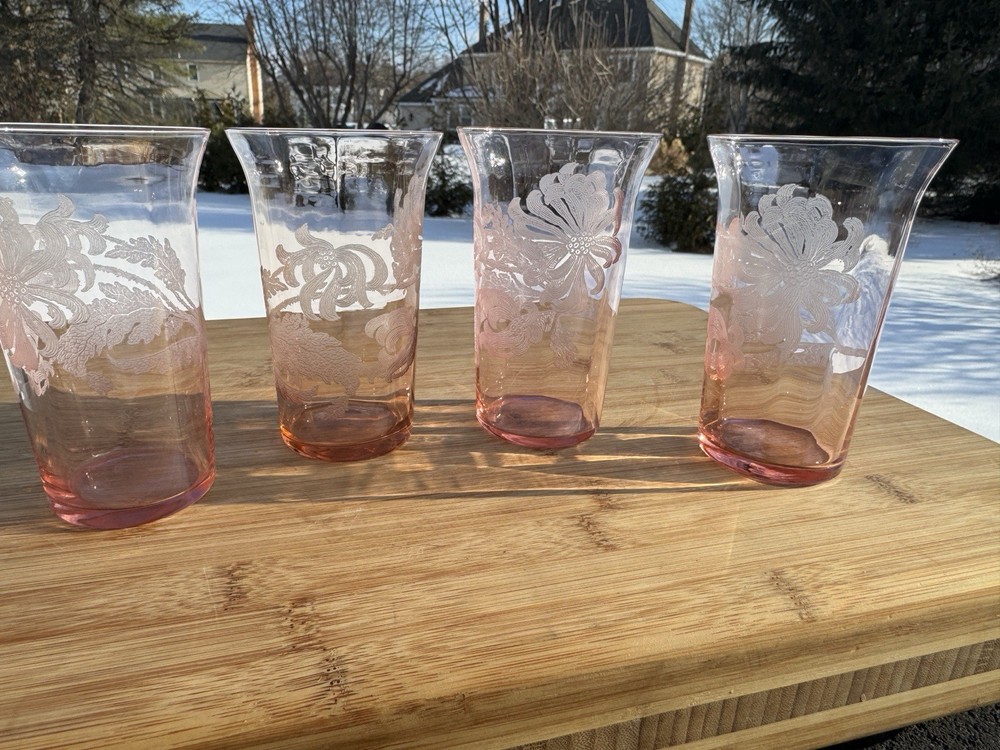 Cambridge Glass Co CHRYSANTHEMUM Etch Pink 11 oz Beverage Tumbler 4-7/8”~4 Pc