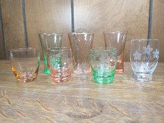 Set of 7 Diff Depression Glass Shot Glasses etched grapes vine floral swirl tall
