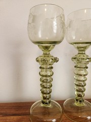 Set Of 4 Olive Green Glass Wine Goblets Or Roemers Etched Fritz Heckert?