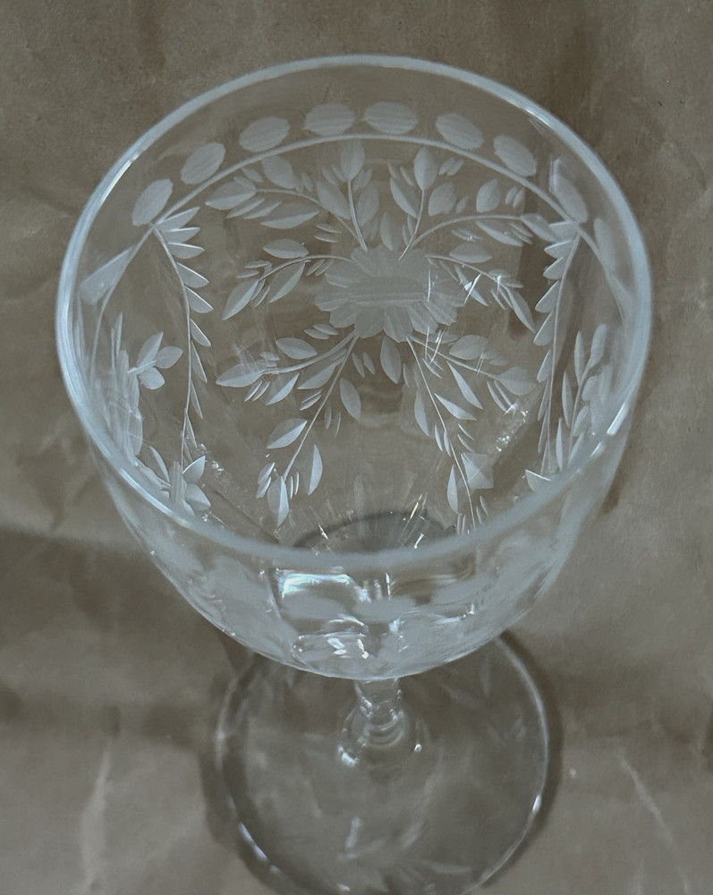 Libbey / Rock Sharpe Water Goblet ~ Floral, Leaf & Dots Cut Glass Pattern ~ EUC