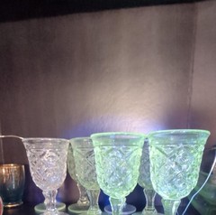 8 vintage crystal cut glass goblets with an etched floral design