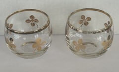 2 Vintage MCM Retro Gold Rim Roly Poly Four Leaf Clover Clear Barware Glasses