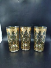 3 Vintage Culver Glass Valencia High Ball Glass 22k Gold Green MCM Barware EVC