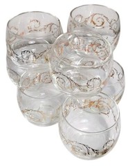 Vtg Cera Mini Roly Poly Glass MCM 22K Gold Scroll Pattern Clear 2.75″ 8 pc Set