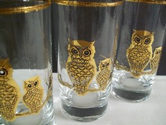 MCM CULVER Gold Encrusted Owl Tumblers – Set of 4 – 10 Ounce –1960’s- Highballs