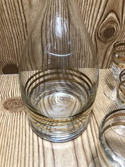 Vintage clear glass 24k gold trim Decanter ￼ and cordial set. 1950s Russia ￼