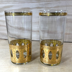 Vintage Culver Antigua Highball Glasses 5 5/8″ Set of 2 MCM Gold Cocktail Drink