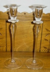 2 Elegant Teardrop Style Crystal Candlesticks – 10 3/4″ & 10 7/8″ – Unsigned