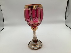 Bohemian Moser Style Cranberry and Gold Goblet Scalloped Foot