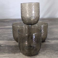 VTG Anchor Hocking Smoke Gray Rocks Glasses Set of 4 Leaf Acorn MCM Tumblers 3″