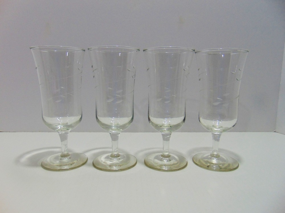 4 Libbey Interlude Parfait Glasses Smooth Stem Gray Cut Swirl Leaves 1968- (B)