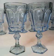 2 x Vintage Fostoria Pastel Pale Blue Wine Glasses Goblets Footed Pedestal