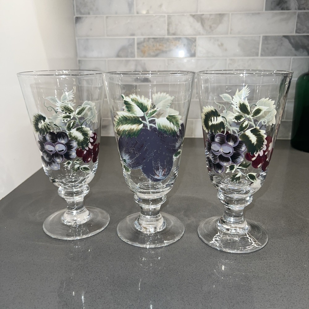 3 VINTAGE HAND PAINTED Enamel 8” Goblets Glasses Wine Water Iced Tea Grapes