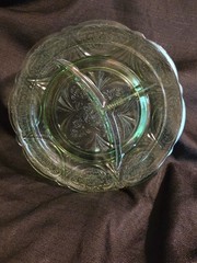 Hazel Atlas Glass Uranium Green Royal Lace Divided Dinner Plate Depression