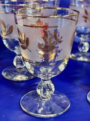 Set of 6 Vintage Libby Frosted Water Goblets with Gold Leaves And Gold Rim