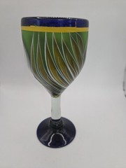 Mexican Hand Painted Hand Blown Wine Goblet Cobalt Blue Flower Themed