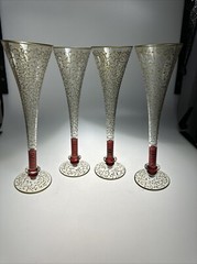 SET OF 4-Murano Style Glass Champagne Flutes Gold Scrolls Filigree Glasses
