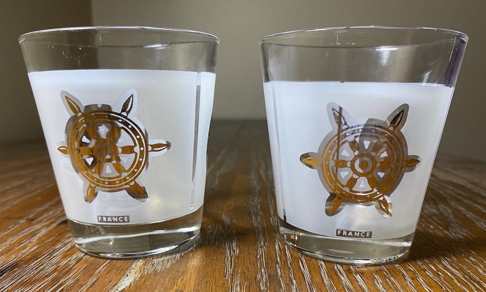 Mid Century French Glasses W/Gold Trim Nautical Theme Barware Set Of 2